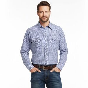New Men’s Wrangler Blue & White Gingham Snap Front Western Shirt Sz L